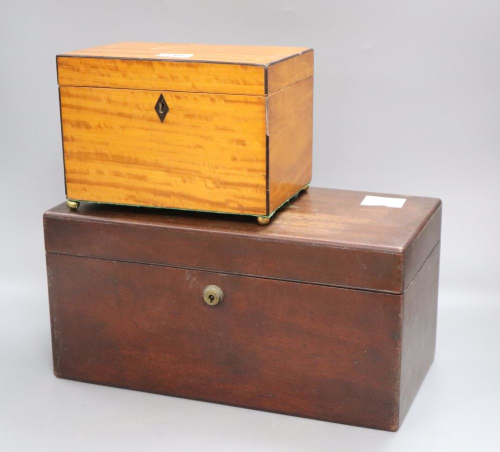A 19th century brass inlaid mahogany stationery with Bramah lock, together with a satinwood box, longest 35.cm
